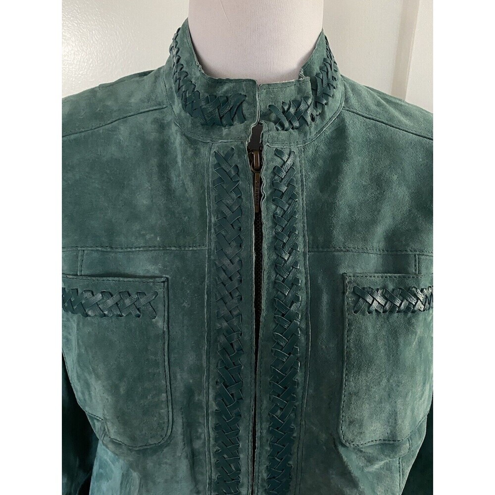 Women's Green Suede Jacket with Woven Trim - Picture 2 of 11